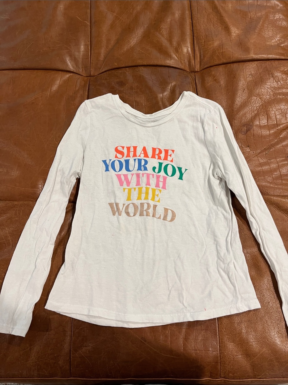 Old Navy White Long Sleeve Tee with Multicolor 'Share Your Joy' Graphic